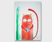 Original illustration Orange cat ink and watercolor art for nursery wall decor. Unique ooak animal portrait painting A4 size painting 12x8