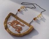 Cross stitch necklace, textile jewelry, hand embroidery, white, brown, yellow, green, Hungarian cross stitch deer motif