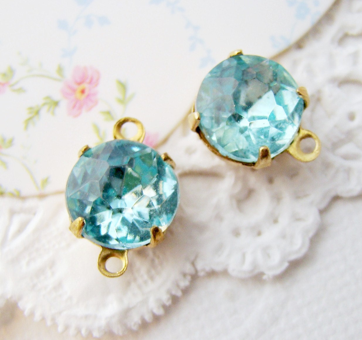 8mm Round Faceted Aquamarine Blue Vintage Glass Stones, Jewels, Rhinestones in Brass 1 ring or 2 ring brass setting (6)