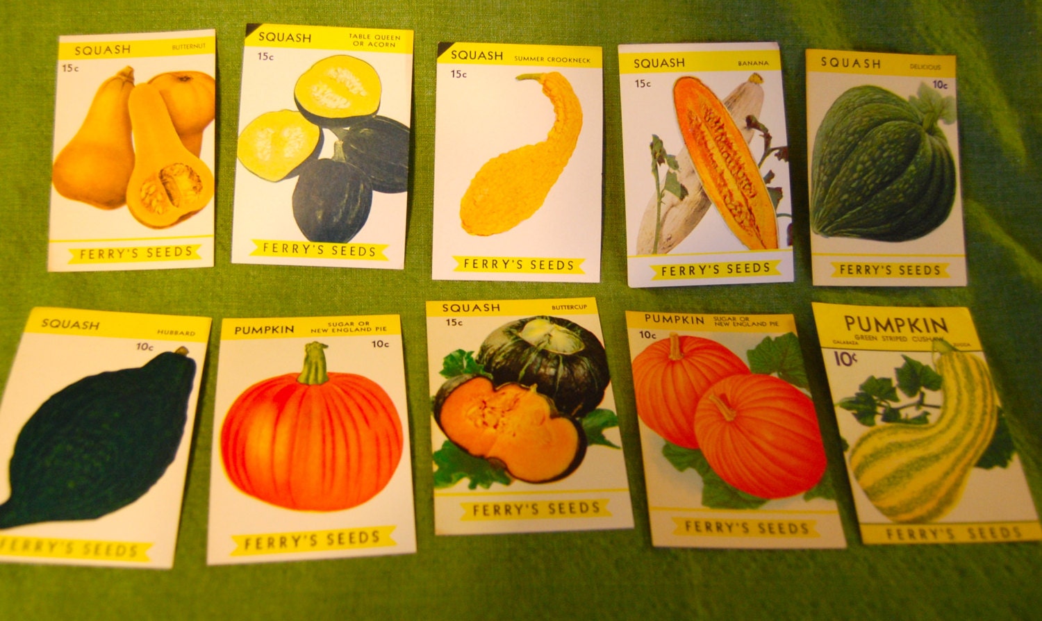Set of 10 Vintage Seed Pack Labels Pumpkin & Squash -colorful graphics