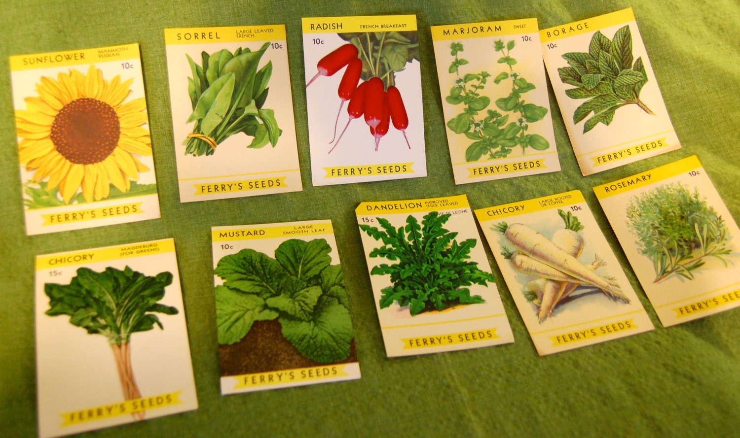 Set of 10 Vintage Seed Pack Labels, Herbs, colorful graphic