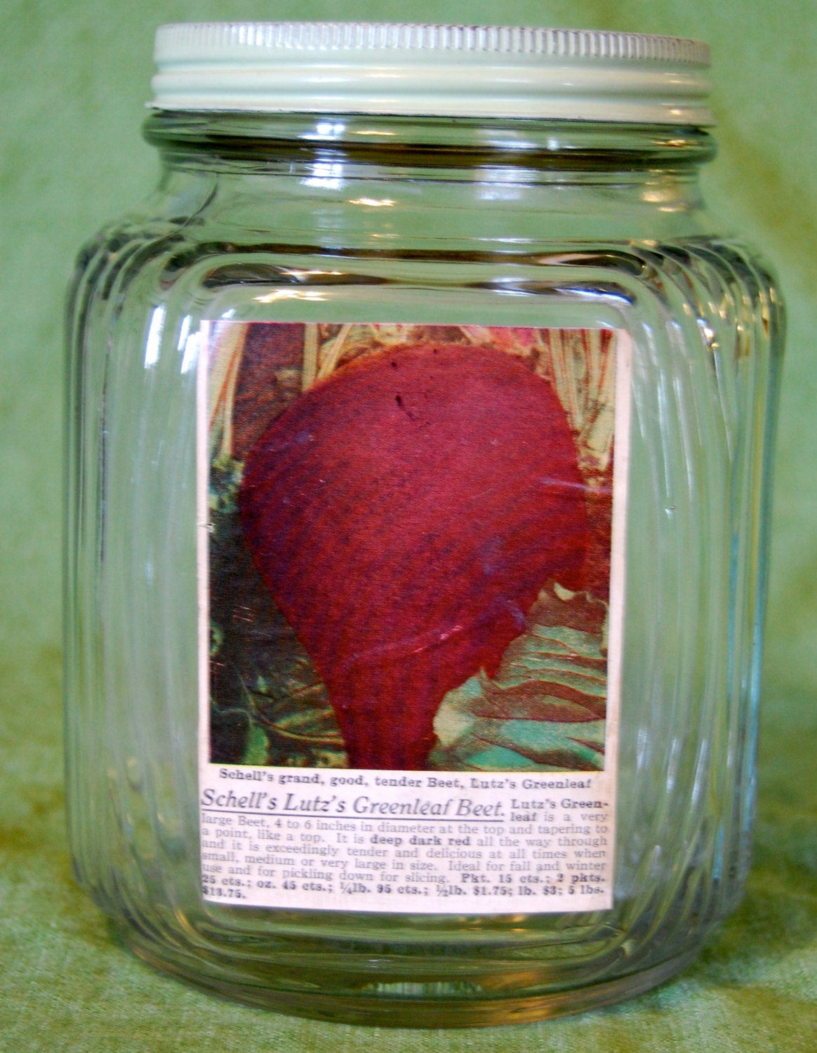 Vintage Jar with Seed Label, Schell's Lut's Greenleaf Beet