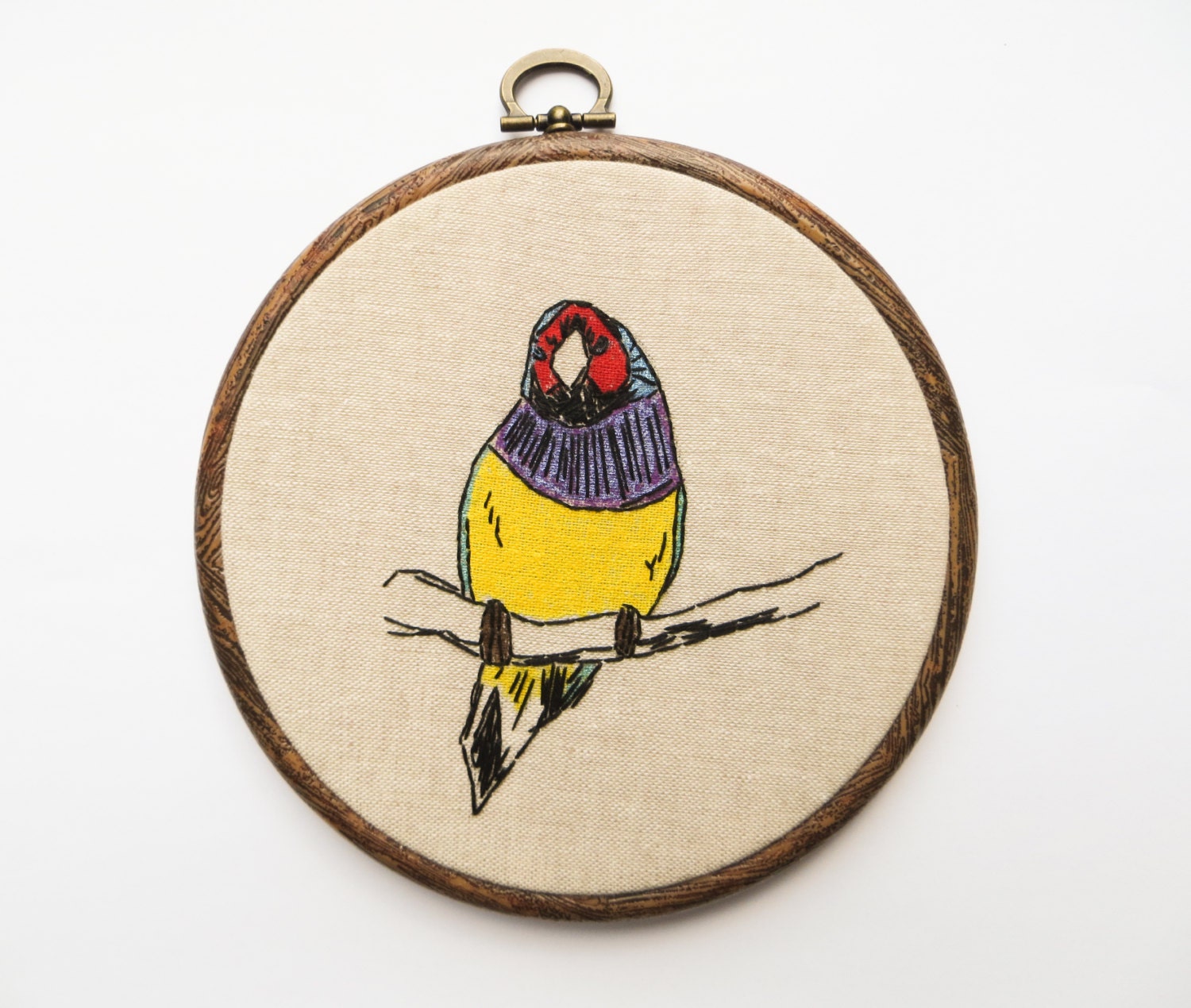 Gouldian Finch Hand Embroidered Hoop Art (with SevenOlives) - Natural History Bird Sketch with Paint Mixed Media Home Decor