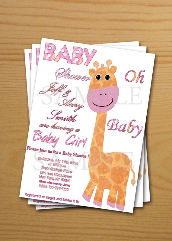 Giraffe Printable Baby Shower Invitation Girl - thank you card ...