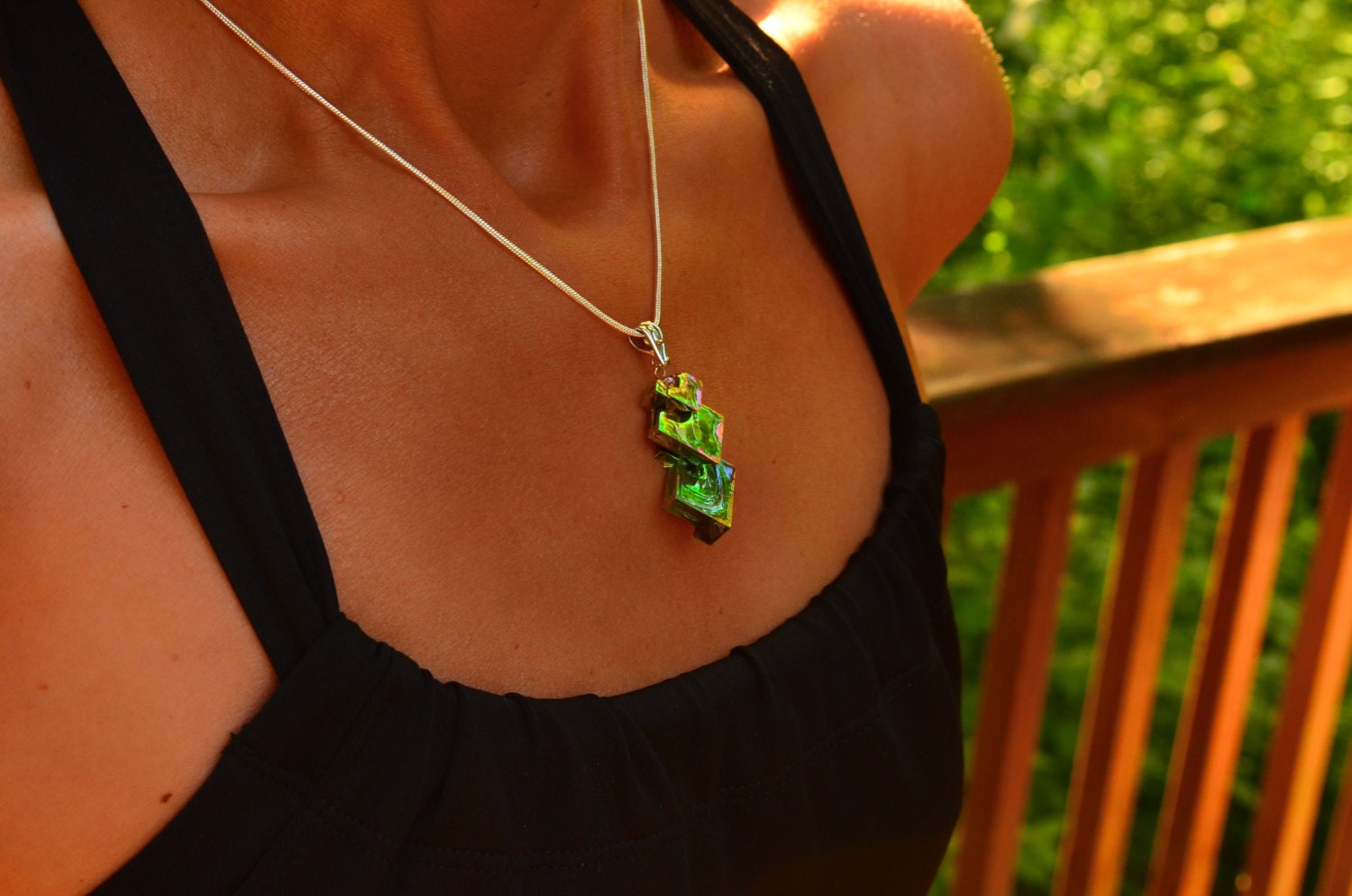 Three Corners, Necklace, Iridescent Bismuth Metal Crystal and Sterling Silver Pendant on Leather or rope chain, Jewelry