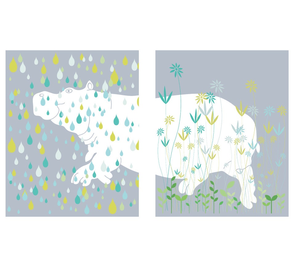 Hippo Decorations 2 Hippo Print set Hippopotamus Diptych Lucky White Hippo Gift Modern Home Decor Happy Animal Hippo Wall Decor Rain Grass
