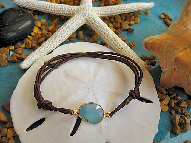 Tiny Treasures - Blue Chalcedony Vermeil Leather Adjustable Bracelet 14K Gold Filled