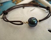 Tiny Treasures - Peacock Pearl Leather Adjustable Bracelet 14K Gold Filled Wire