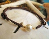 Tiny Treasures - White Fresh Water Pearl Leather Adjustable Bracelet 14K Gold Filled Wire