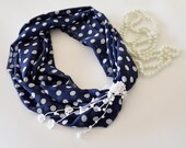 Infinity Scarf, Polka Dot  Fabric, Navy Blue and White, Crochet Flowers and Pearls, Loop