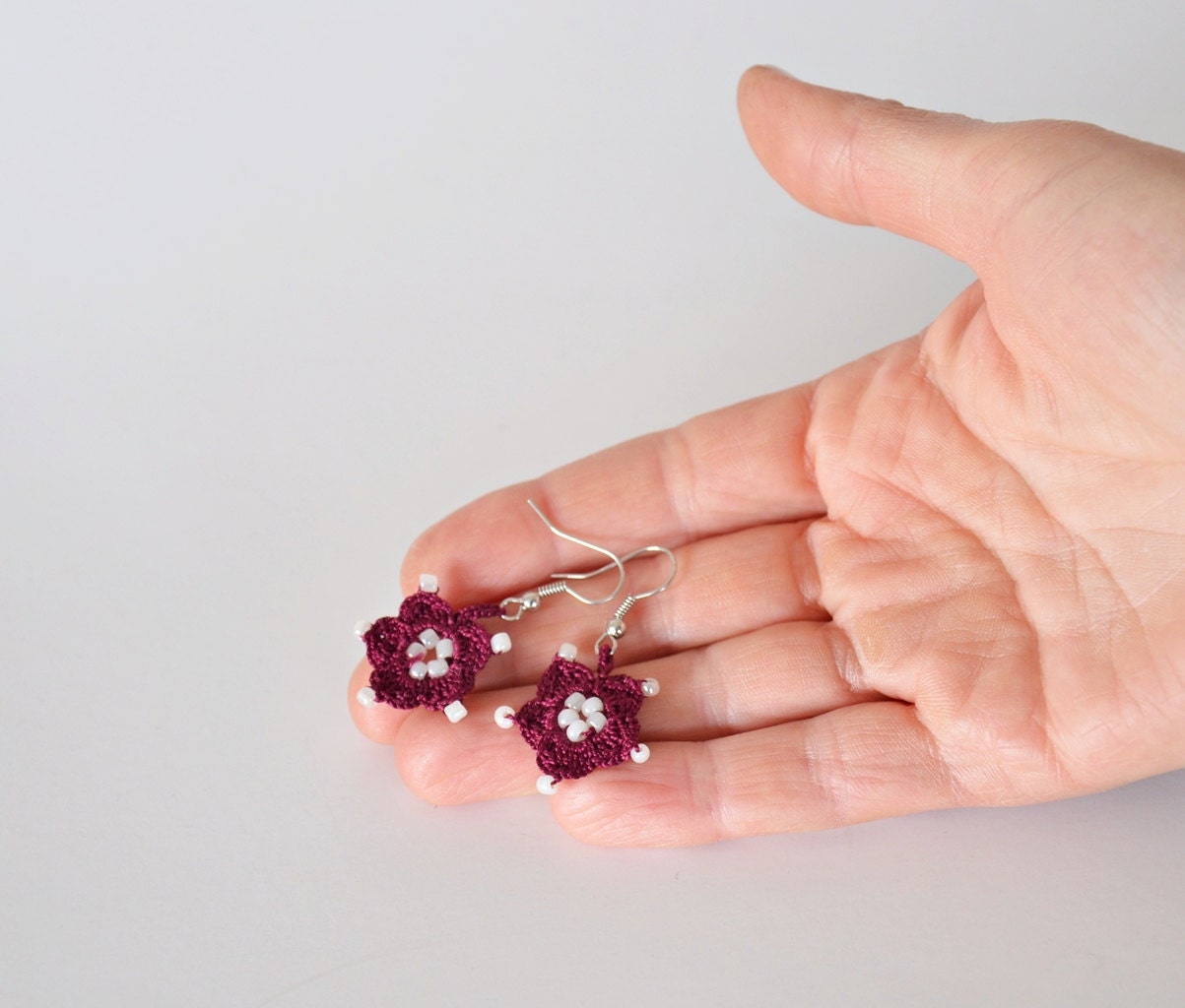 Handmade Crochet Earrings , Burgundy , White Beads, Beadwork