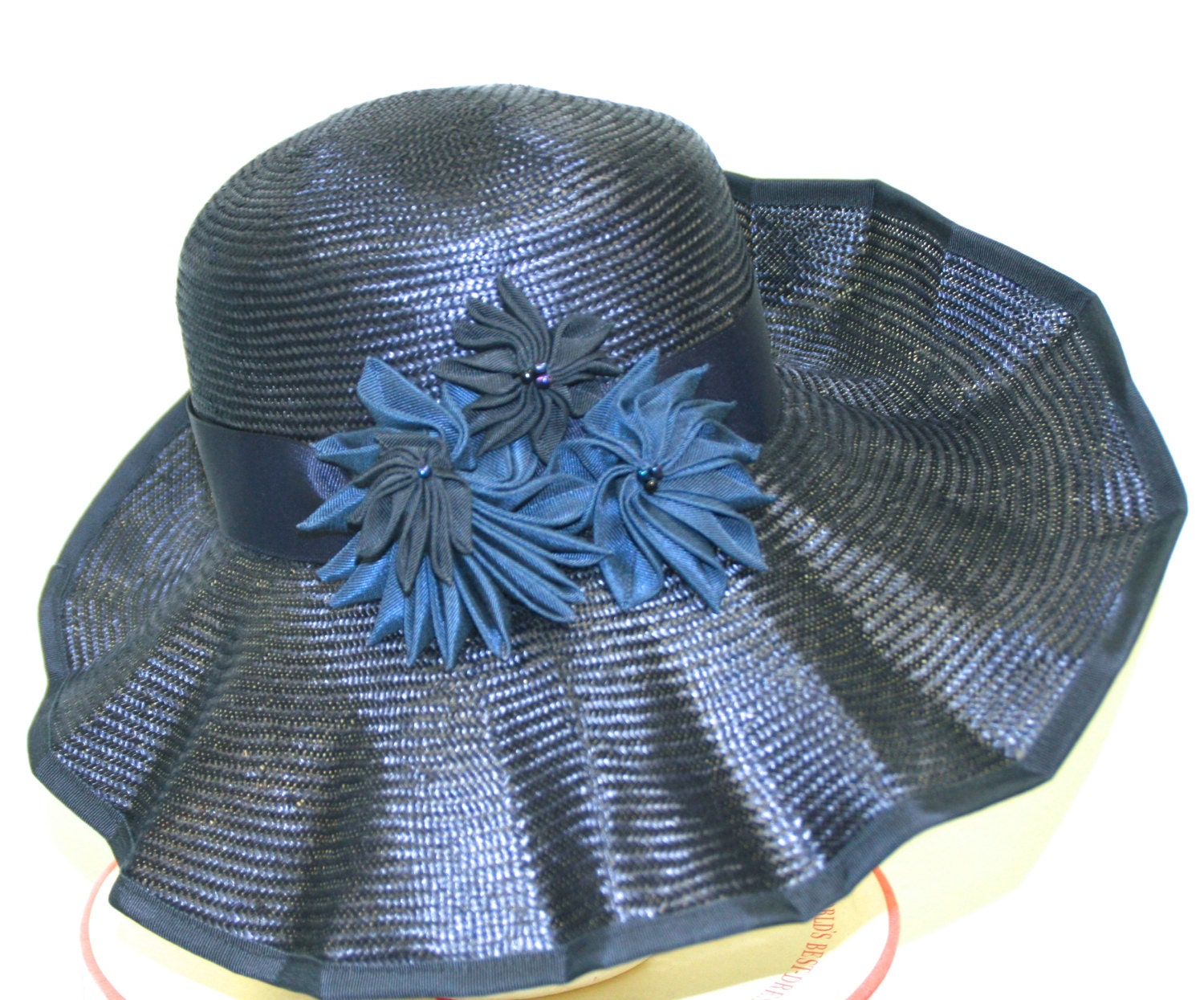 Navy Parasial Straw Hat, Romantic Style, Kentucky Derby, Church, Large Brim, Vintage Veiling