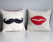 Burlap Lips and Mustache Decorative Throw Pillow Cover Pair