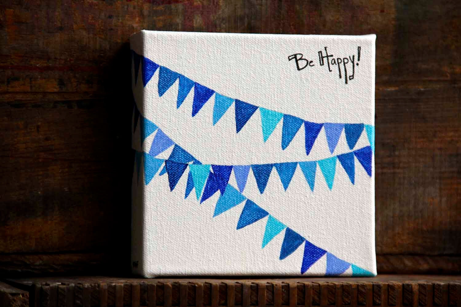 Be Happy - Banner Art - Bunting Painting - acrylic on canvas - white, blue - child, nursery, home