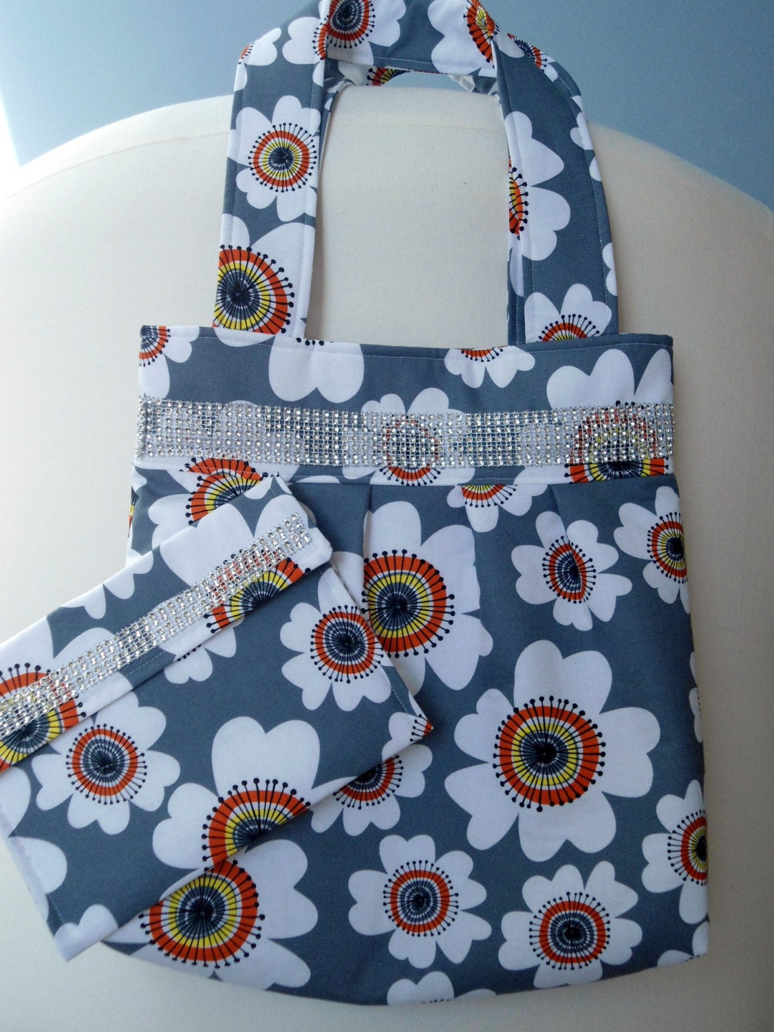 Pleated Tote Bag Bling Large Modern, Diaper Bag Grey with Pouch, Overnight Bag, Laptop Bag, Clutch, Purse, Cell Phone/iPhone  Pouch