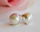 Freshwater Pearl  Sterling Silver bezel set Stud Post Earrings - June Birthstone - Bridesmaid Wedding Earrings