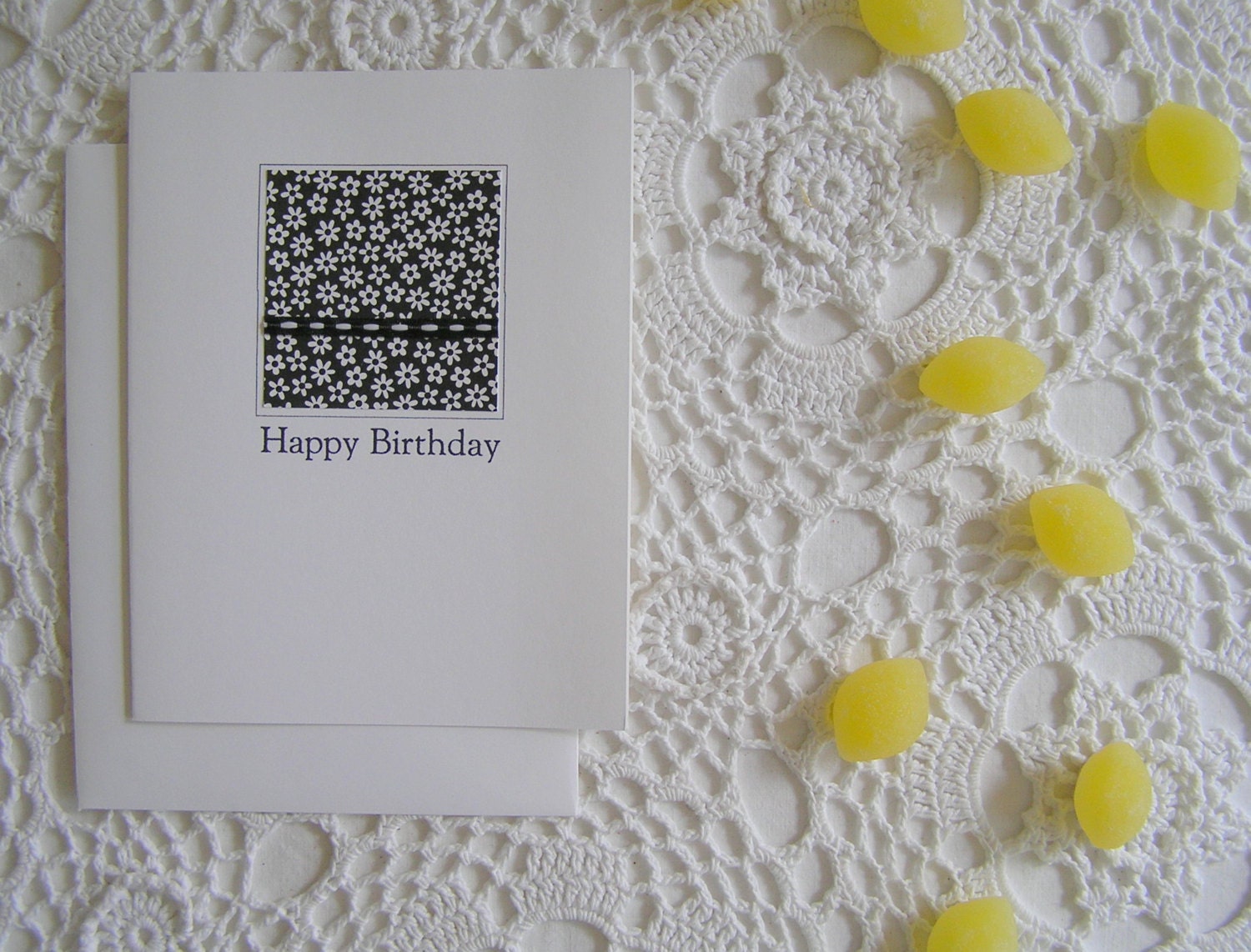 Fun Retro Floral Happy Birthday Cards, Preppy, Black & White, Ribbon, Set of 5, SALE
