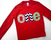 Long Sleeve Birthday Shirt  in Red with pez, chevron and green circles 1st Birthday