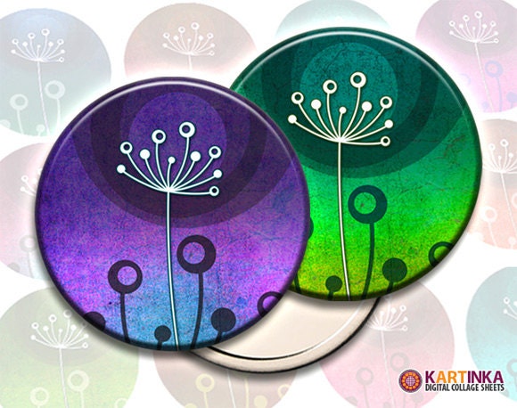COLORFUL DANDELIONS - 2.5 inch Circles Digital Collage Sheet, Printable images - for Pocket Mirrors Magnets Paper Weights - Instant Download