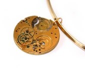 Simple Upcycled Vintage Golden Pocket Watch Clockwork Pendant Hoop Necklace