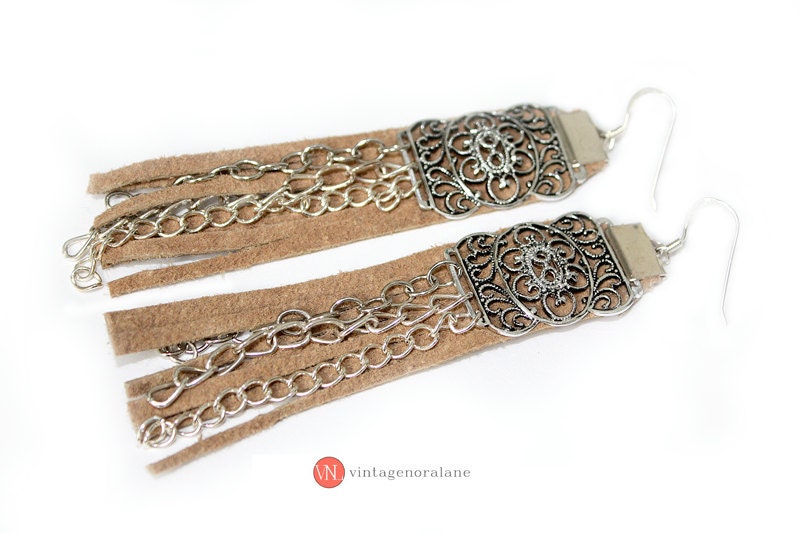 Upcycled Vintage Motif Bracelet Pieces Leather Fringe Tassel Earrings with Sterling Silver Hooks
