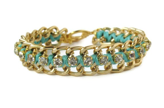 Light Teal Woven Chain & Rhinestone Bracelet