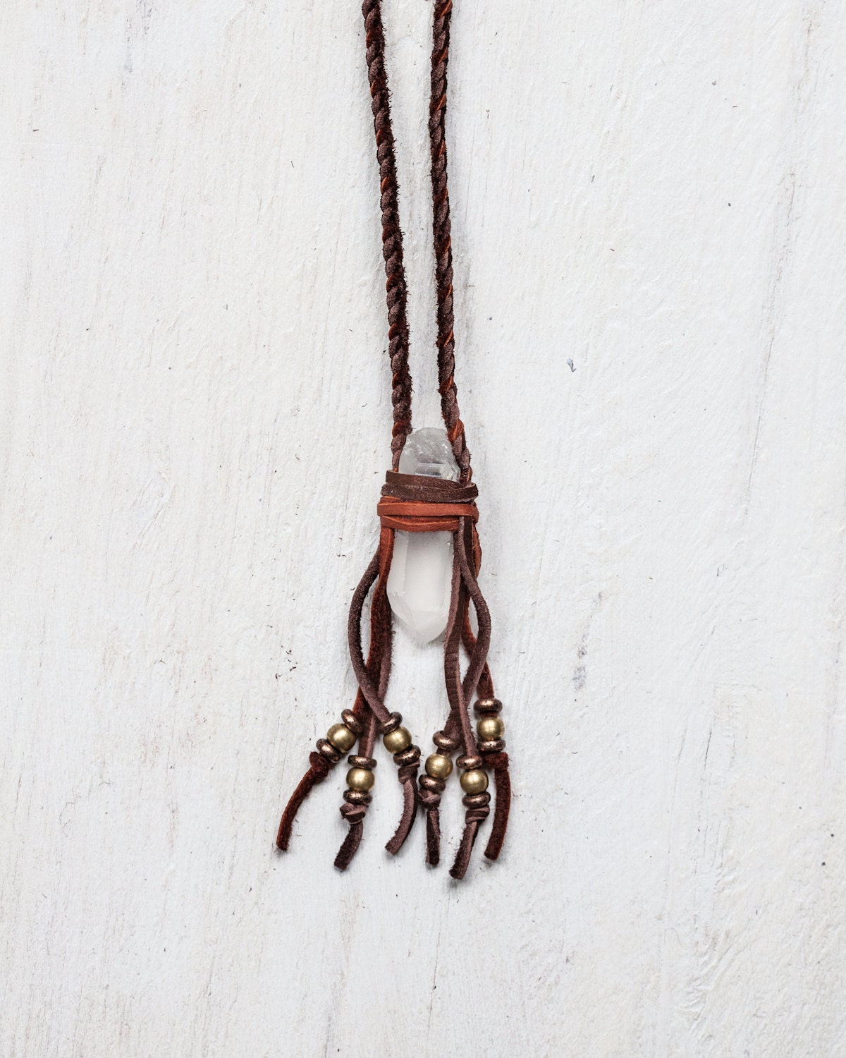 Crystal Necklace -Two Tones Leather Fringe Necklace - Boho Chic