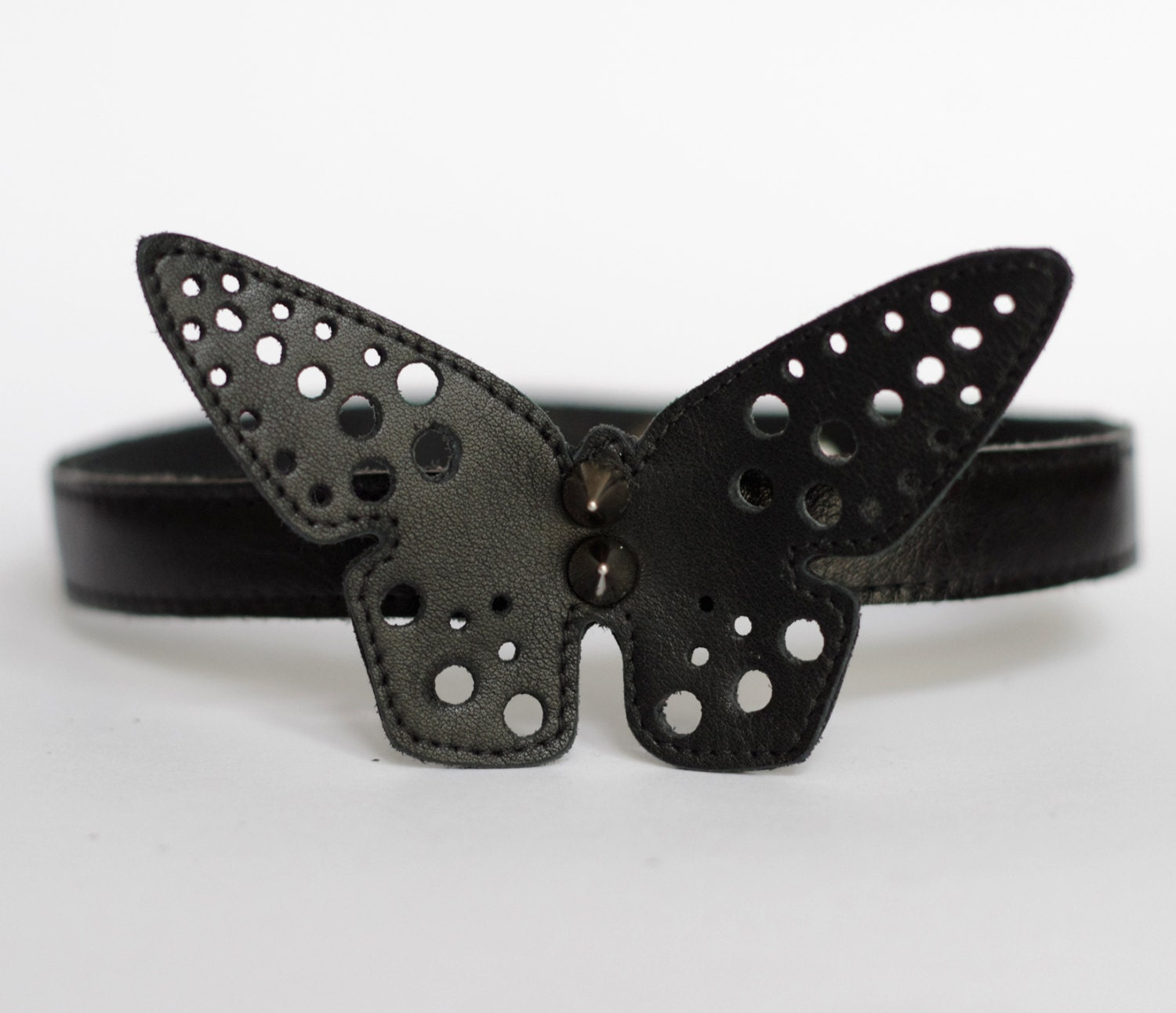 Black handmade leather butterfly-tie with silver spikes and adjustable neck strap