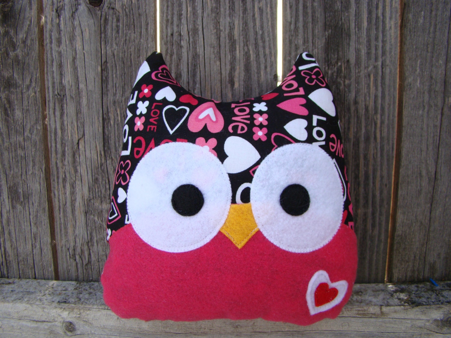 owl plush, large stuffed owl,  dark pink and black, hearts