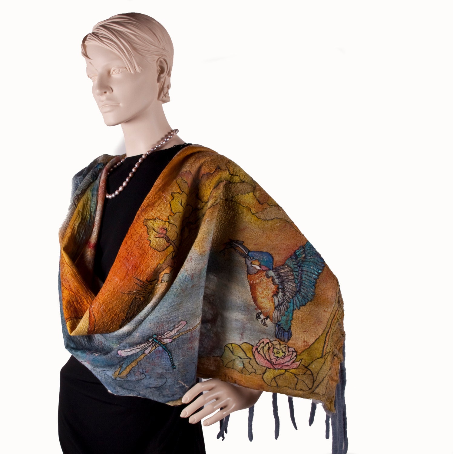 Autumn landscape with birds  Luxurious silk double-sided shawl with hand-painted nuno felted scarf