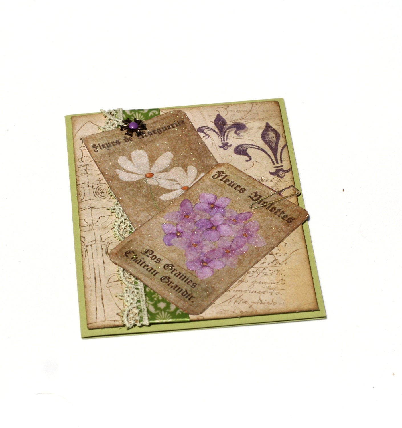 Violet Flowers note card, french garden, fleur di lis, purple white daisys floral blank card, vintage inspired card