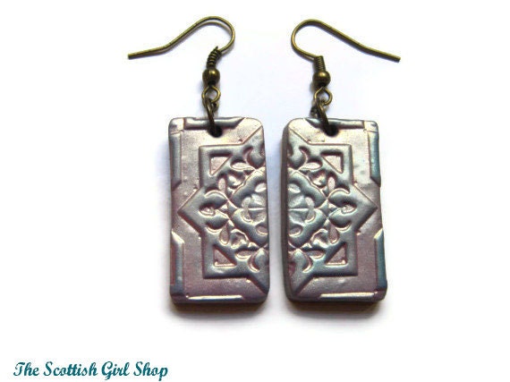 Handmade polymer clay  dangle earrings arabic style pearl pink gold and blue. OOAK