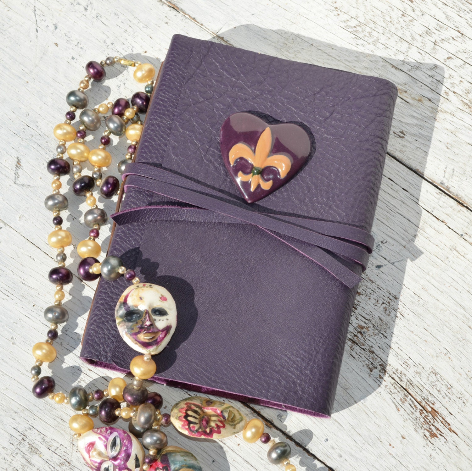 Handmade Leather Bound Mardi Gras Journal New Orleans Louisiana Purple Travel Adventure Diary Fleur de Lis Art Notebook (155)