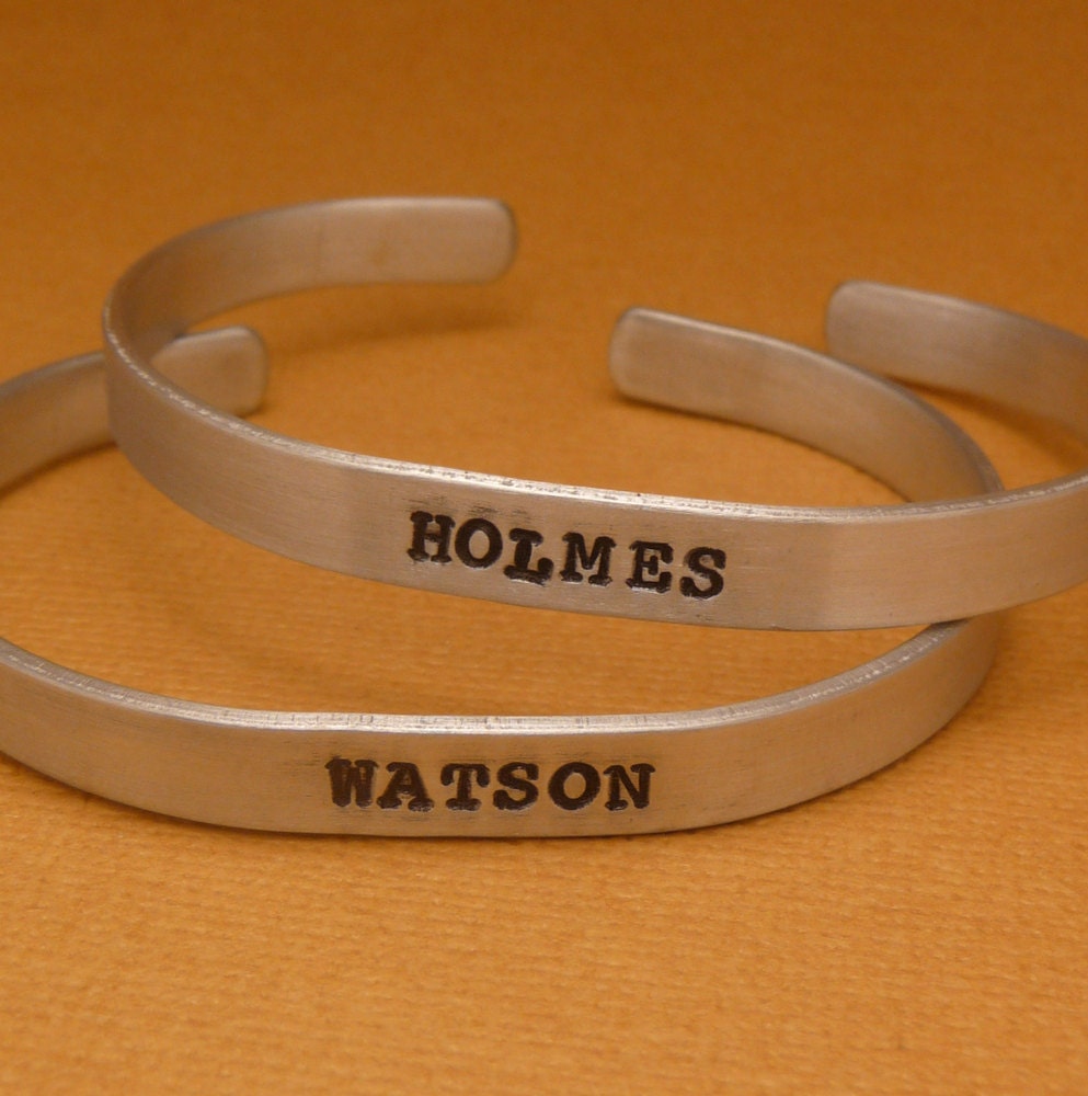 Sherlock Holmes Inspired - Holmes & Watson - Hand Stamped Aluminum Bracelets