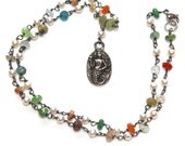 Mermaid Pendant Necklace Oxidized Silver 17" Apatite Beryl Aquamarine Sapphire Opal Sunstone Citrine Pearl