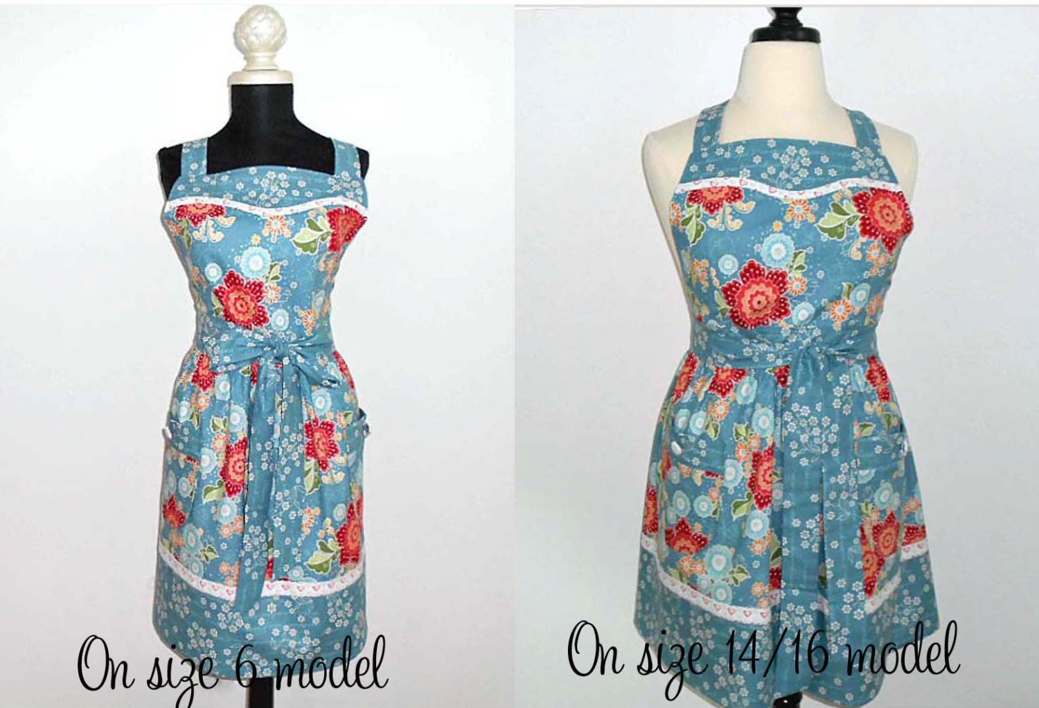 Cute womens full bib cotton handmade retro kitchen apron-gathered skirt-blue floral fabric-one size fits most