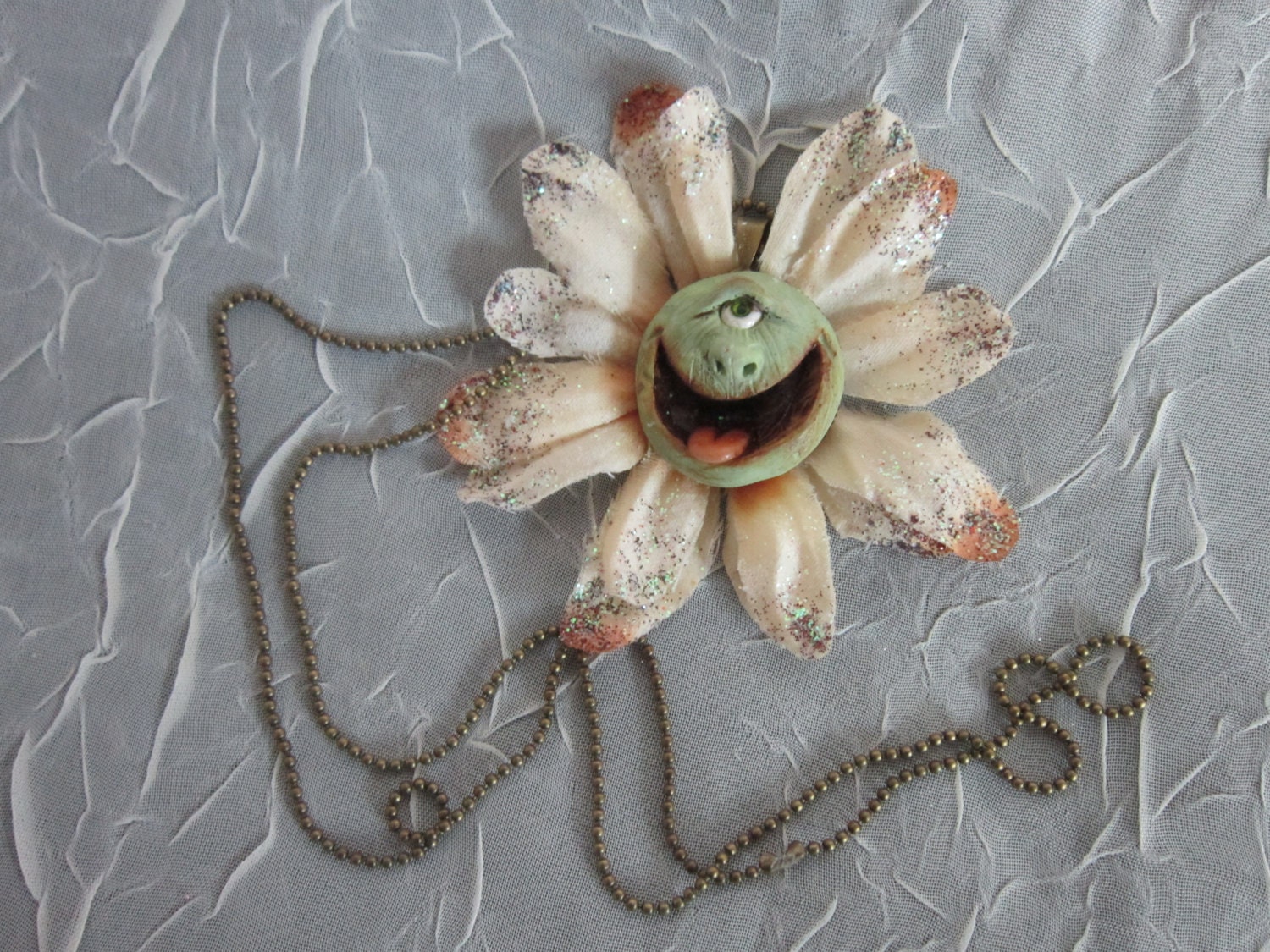 Happy Smiley Silly monster face ooak flower necklace jewelry art doll sculpture doll polymer clay