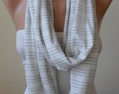 New - White and Silvery Striped Infinity Scarf