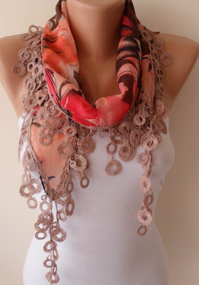 Gift Scarf - Summer Scarf  - Coral Pink and Brown Scarf with Beige Trim Edge