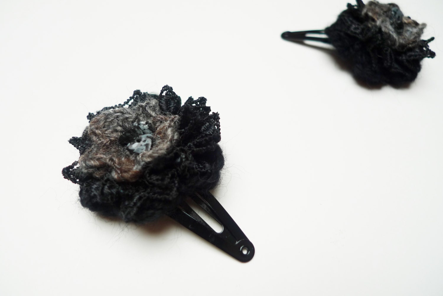 Black floral hair snaps, crocheted