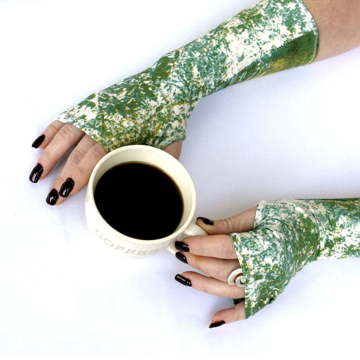 Green Marble stretch fingerless gloves -  Arm Warmers , Gloves , Hand Warmers , Cuffs , Victoriian , Goth , Cotton - WearMeUp