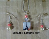 Scrabble Jewelry - Pendant Earring Set - Paris Eiffel Tower - French - With Bling - Art Necklace - Charm - 16 1/2" Chain