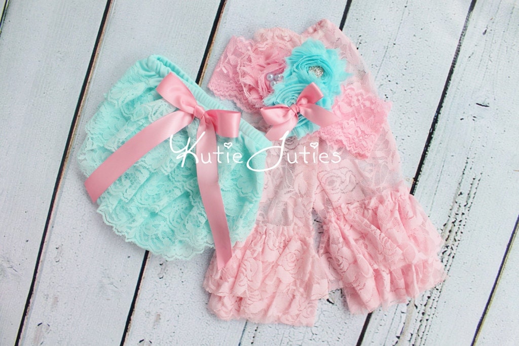 Cake Smash Set- Aqua, Lace Diaper Cover, Headband, Leggings, Pink, Satin, bow, bloomers, newborn, baby girl, toddler, birthday, cake smash