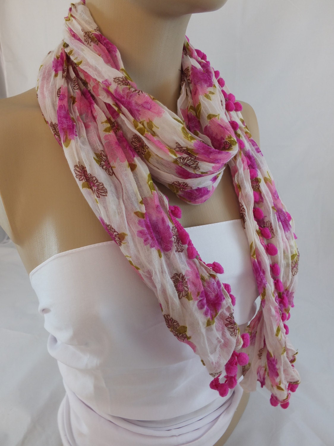 Rectangle pink lilac  scarf, wrinkly viscose scarf/ viscose shawl  with pompom trim /Gift for her,mothers day