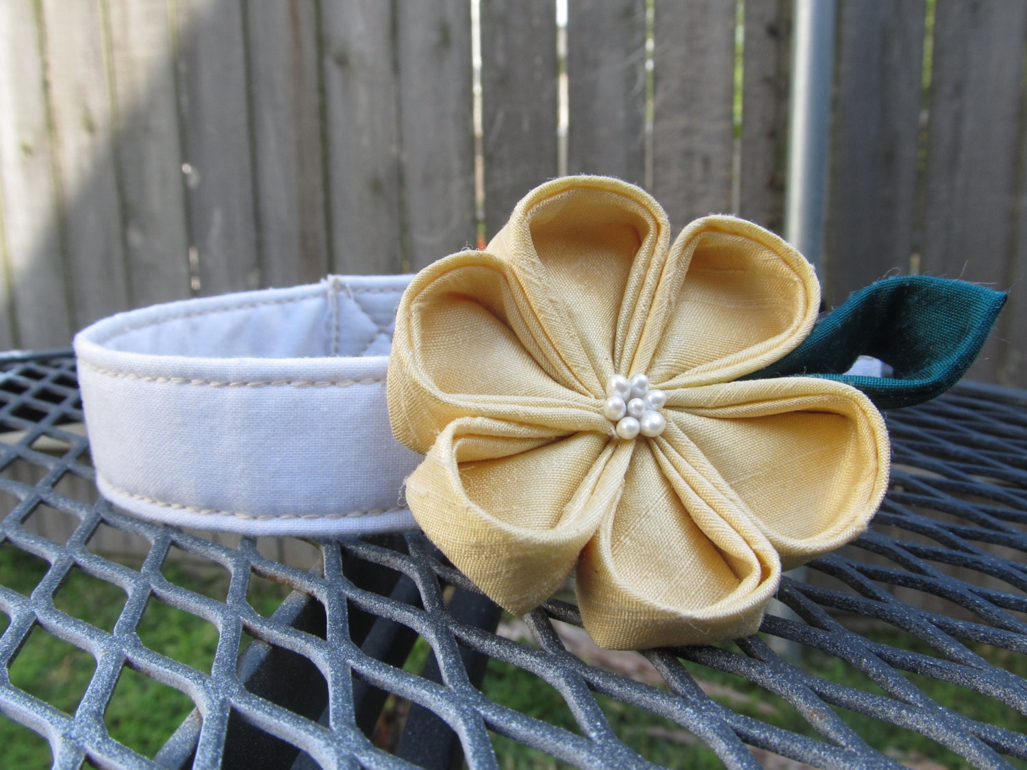 Dog Collar and Flower - READY TO SHIP Yellow Kanzashi Flower on white Dog Collar - Wedding Collar, white dog collar