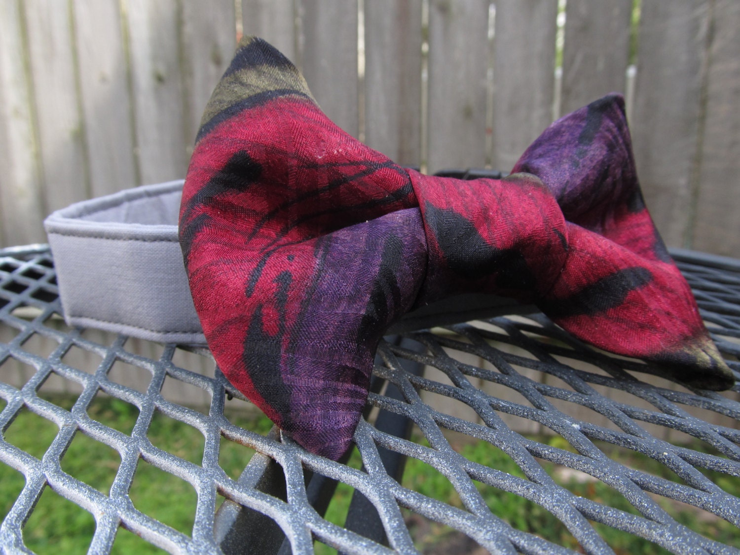 Dog collar and Bow Tie - READY To SHIP  Red, Purple, Green Bowtie and Grey Collar - wedding dog collar, bowtie dog collar