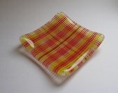 Fused Glass, 3in square dish, orange yellow and red plaid