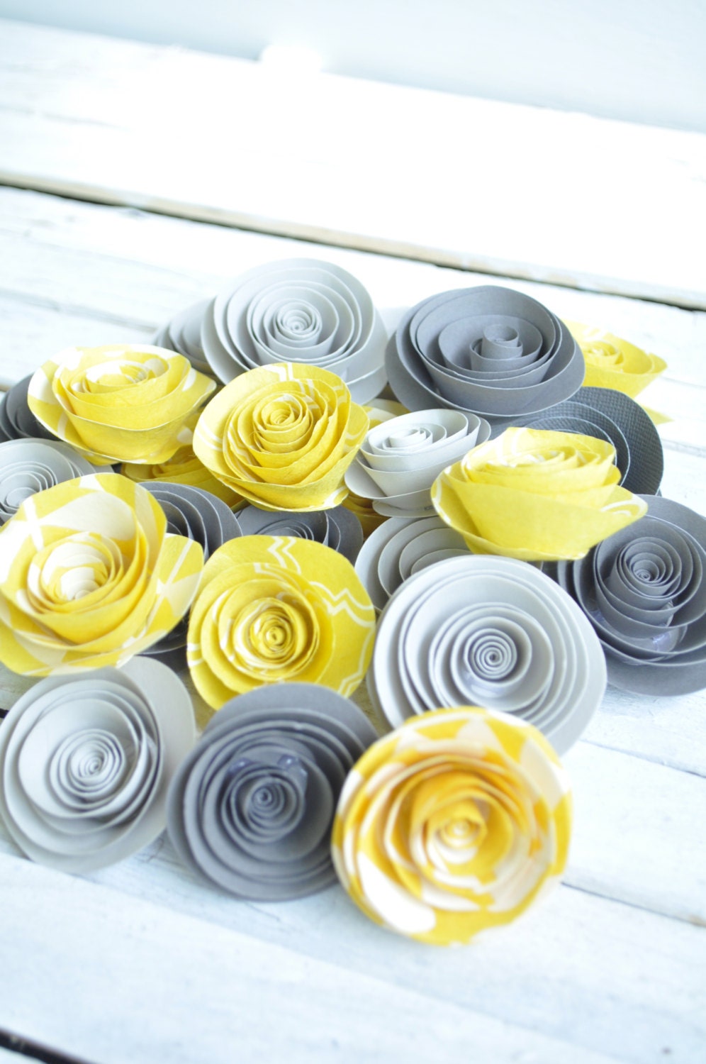 Yellow and Gray Paper Flowers  Set of 25 Flowers