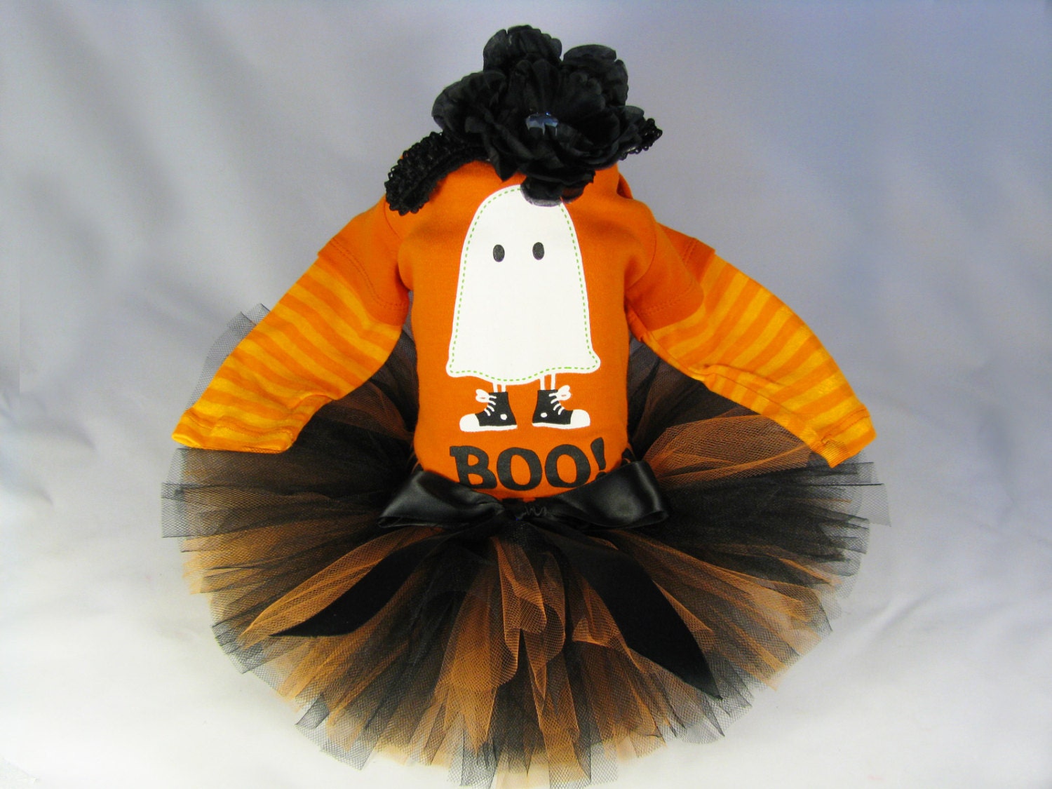 Babys First Halloween Outfit  " Boo Ghost " - Girls Halloween Tutu Bodysuit and Headband Set - Size 3-6 Months