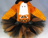 Babys First Halloween Outfit  " Boo Ghost " - Girls Halloween Tutu Bodysuit and Headband Set - Size 24 Months